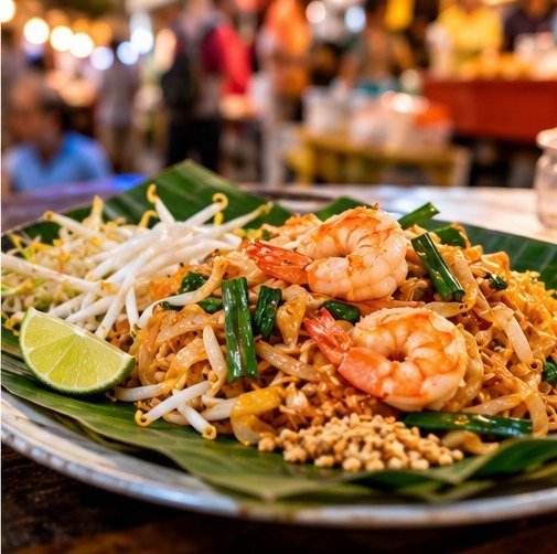 Illustrated Thai food stall with freshly prepared dishes