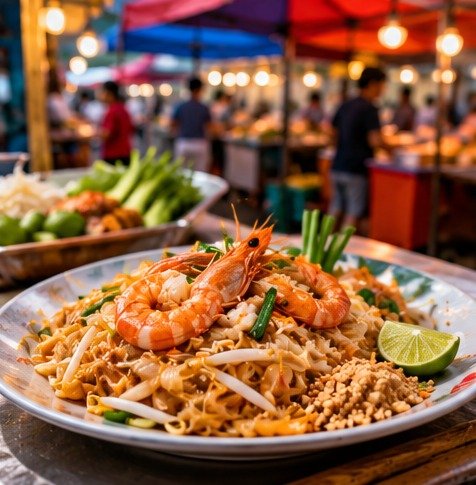 Original illustration of a noodle dish with shrimp and vegetables at a market