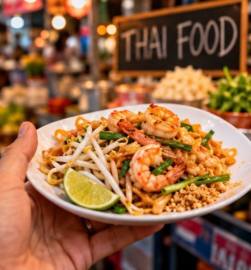 Conceptual Thai noodle meal presented at a market stall