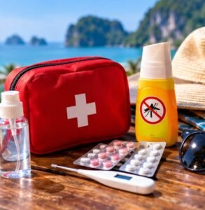 Illustrated travel health supplies with a first-aid pouch and tropical background