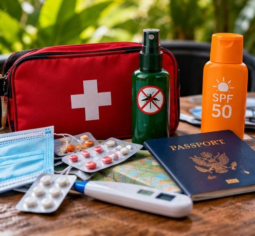 Original illustration of a travel medicine pouch, documents and sun-protection items
