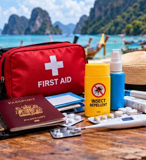 Conceptual first-aid bag and travel documents beside a Thai-inspired coast