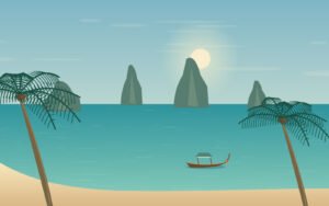 Original Koh Yao Noi-inspired illustration of a quiet shore and distant limestone islands