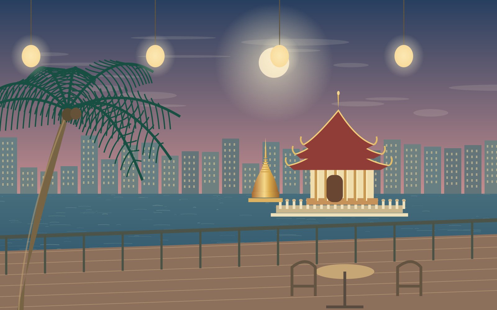 Original illustration of an empty riverside terrace overlooking a Bangkok-inspired evening skyline