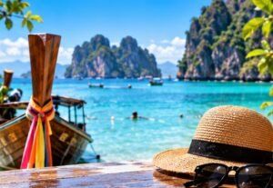 Travel hat and sunglasses beside a sunlit Thai-inspired coast