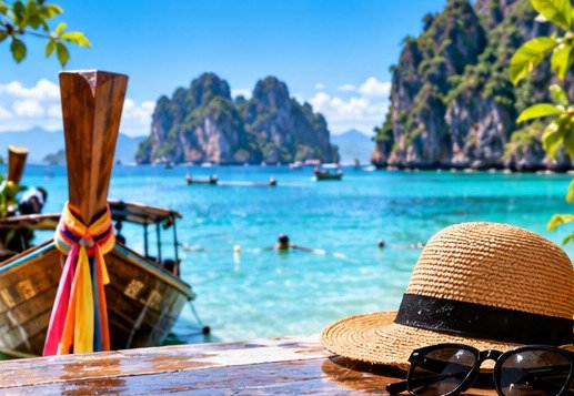 Travel hat and sunglasses beside a sunlit Thai-inspired coast