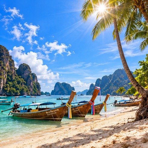 Bright tropical shoreline with palms and longtail boats
