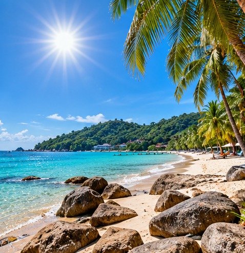 Sunny beach and palms in a conceptual hot-weather travel scene