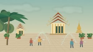 Illustrated Songkran celebration in a Thai temple neighbourhood