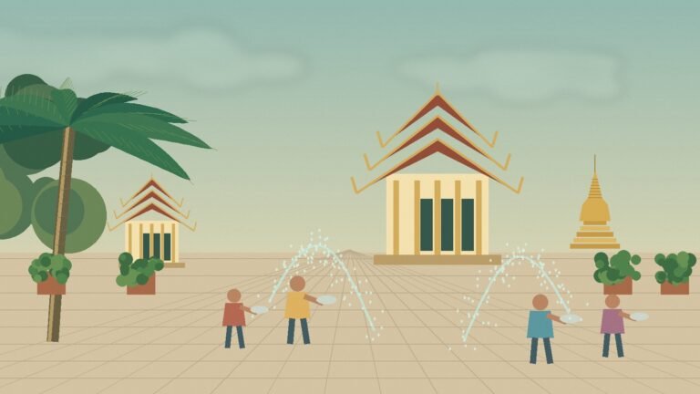Illustrated Songkran celebration in a Thai temple neighbourhood