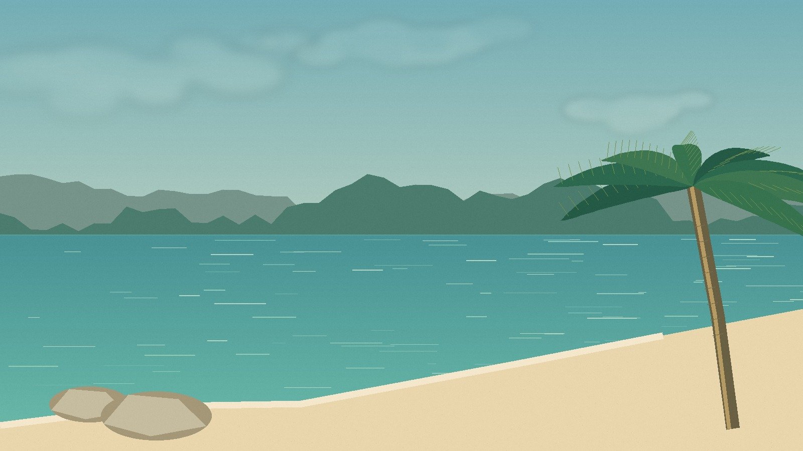 Illustrated southern Thai beach with shade and warm light
