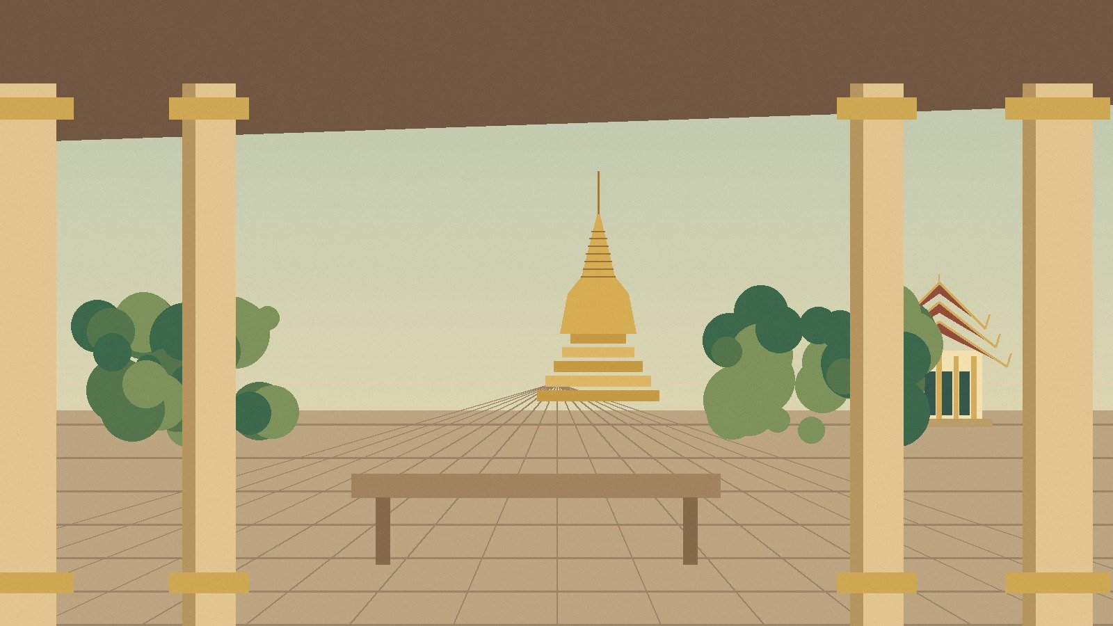 Illustrated shaded Thai temple courtyard