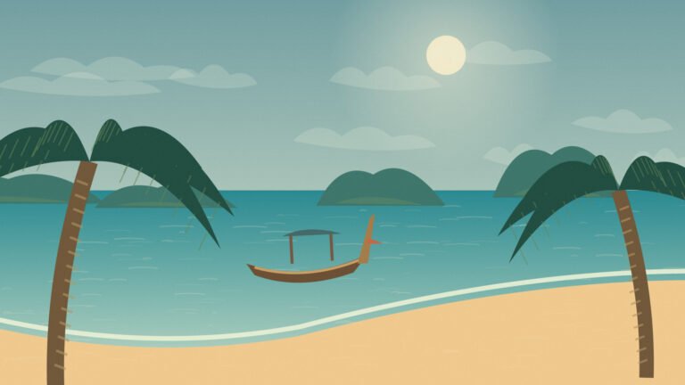 Original Gulf-inspired beach scene with palms and a sheltered-looking bay