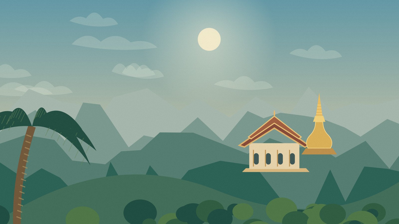Original northern temple beneath cool layered hills