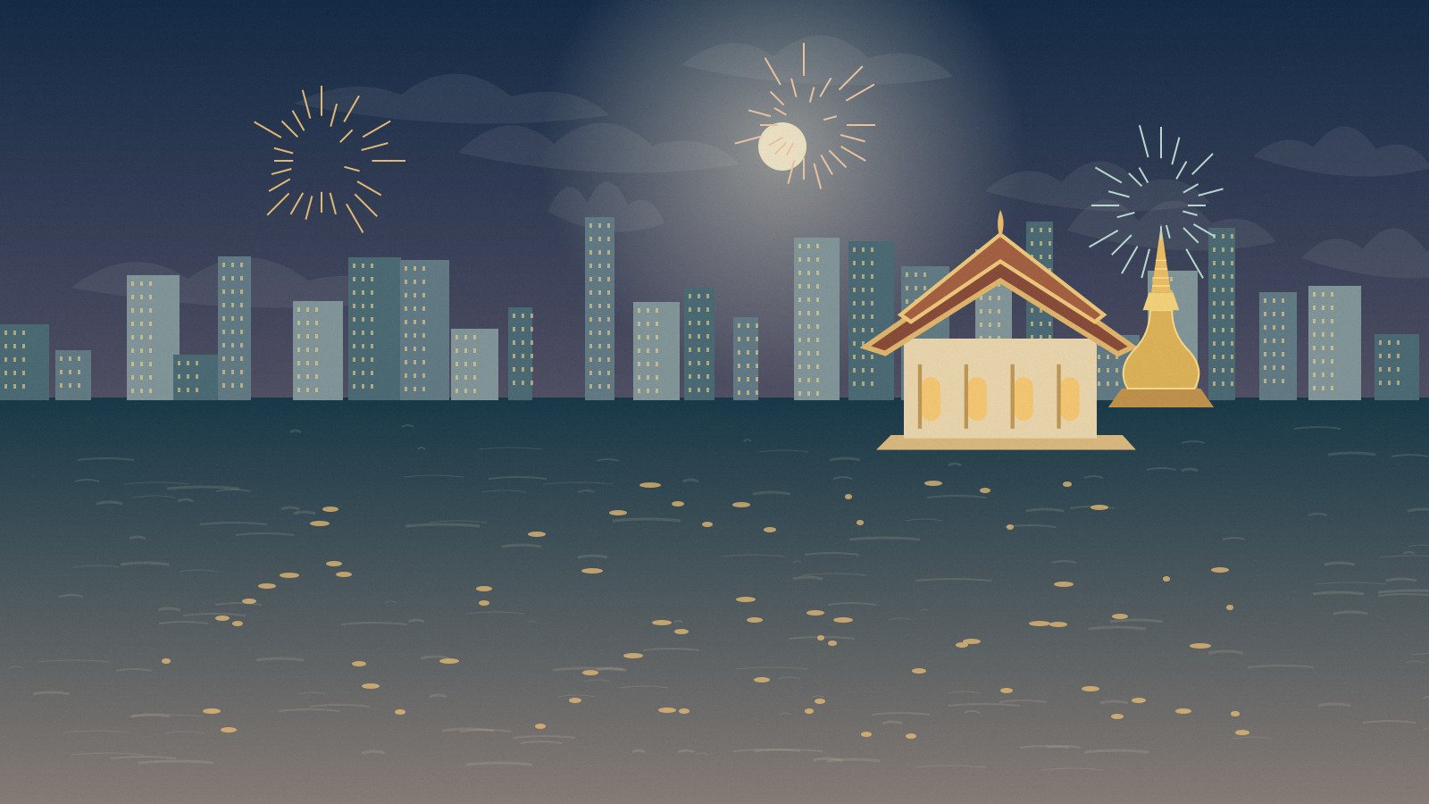 Original Bangkok-inspired festive skyline with small fireworks over a river