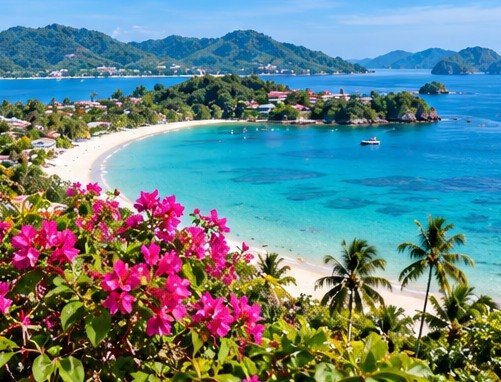 Illustrated February island bay framed by tropical flowers