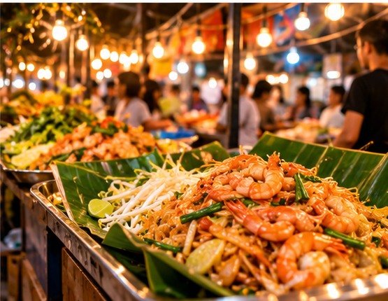 Illustrated Thai night-market meal and colourful stalls