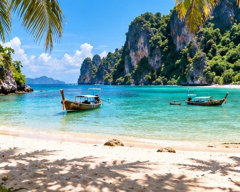 Illustrated tropical January beach with long-tail boats and limestone scenery