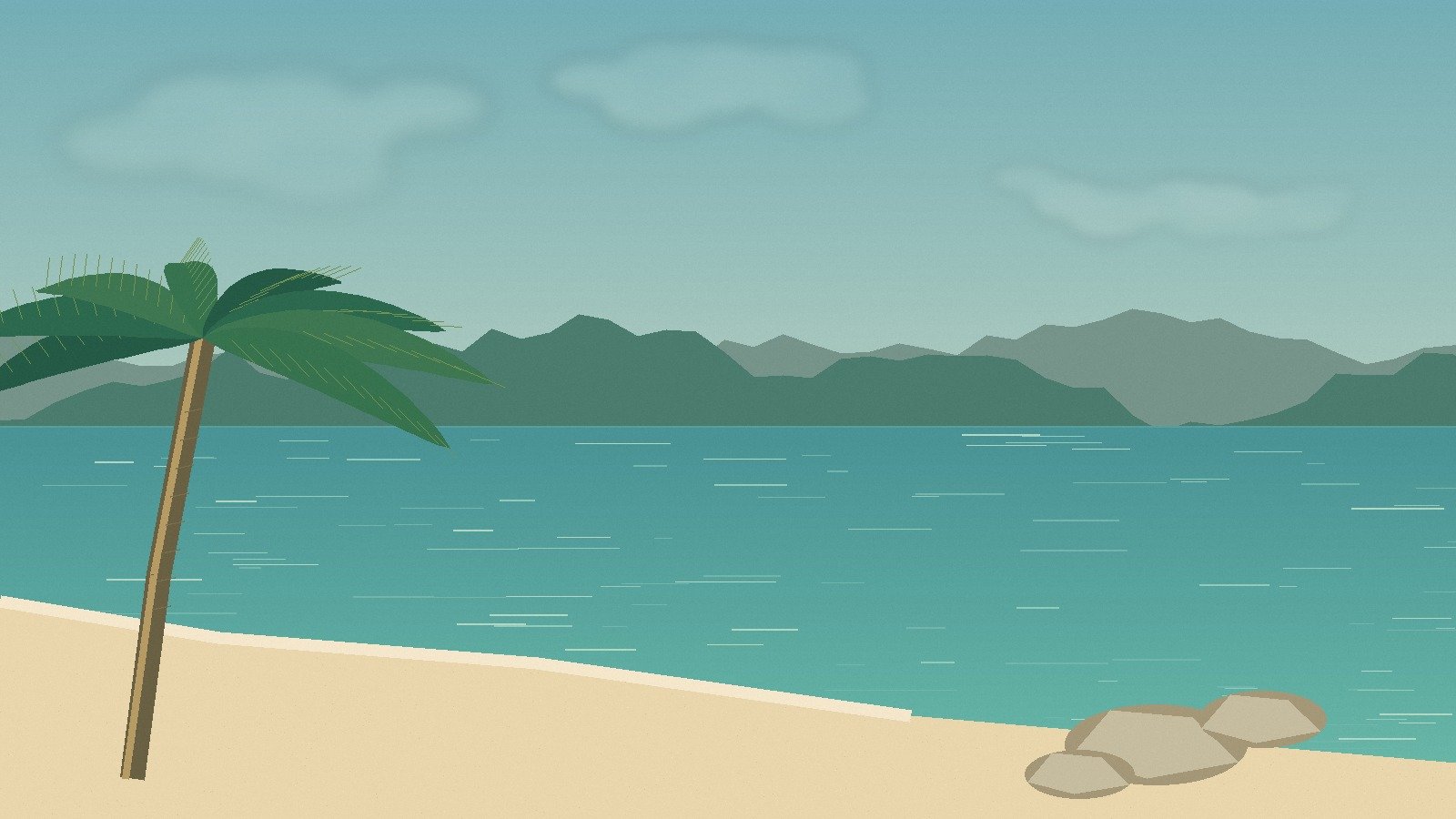 Illustrated Gulf-inspired beach with palms and coastal boulders
