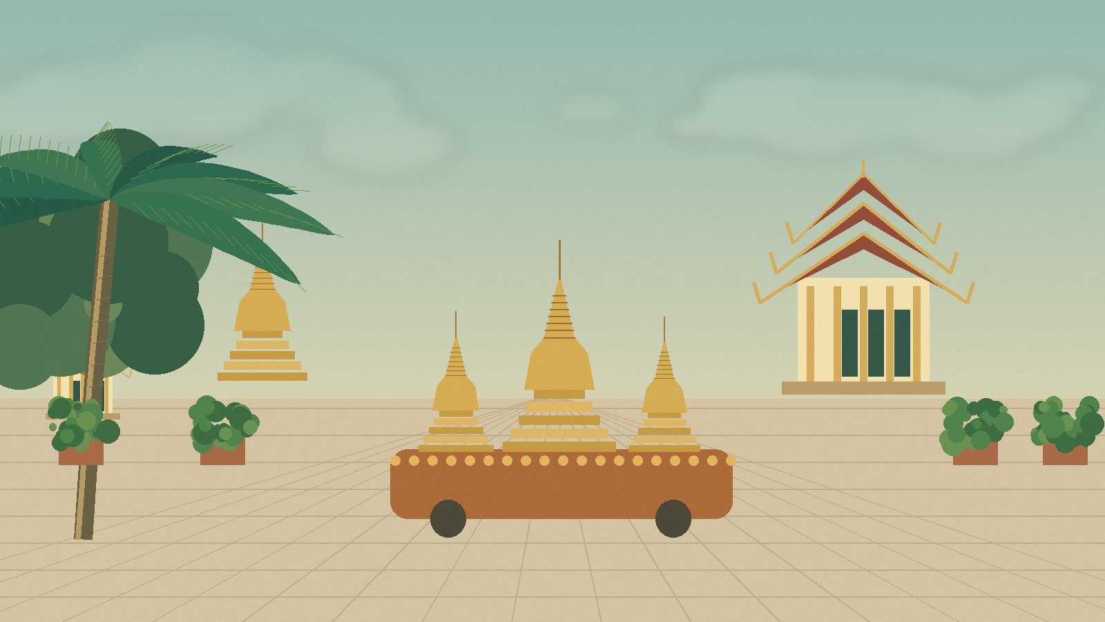 Illustrated Thai candle-festival display in a temple square