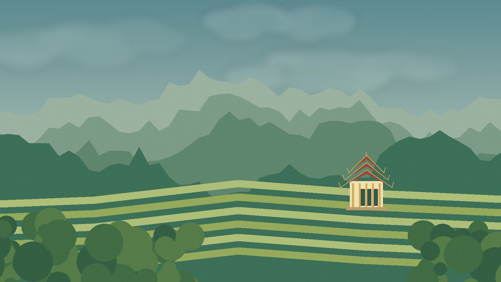 Illustrated green Thai countryside with a distant temple