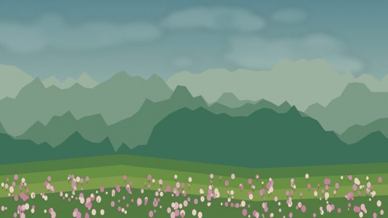 Illustrated green Thai countryside with seasonal flowers