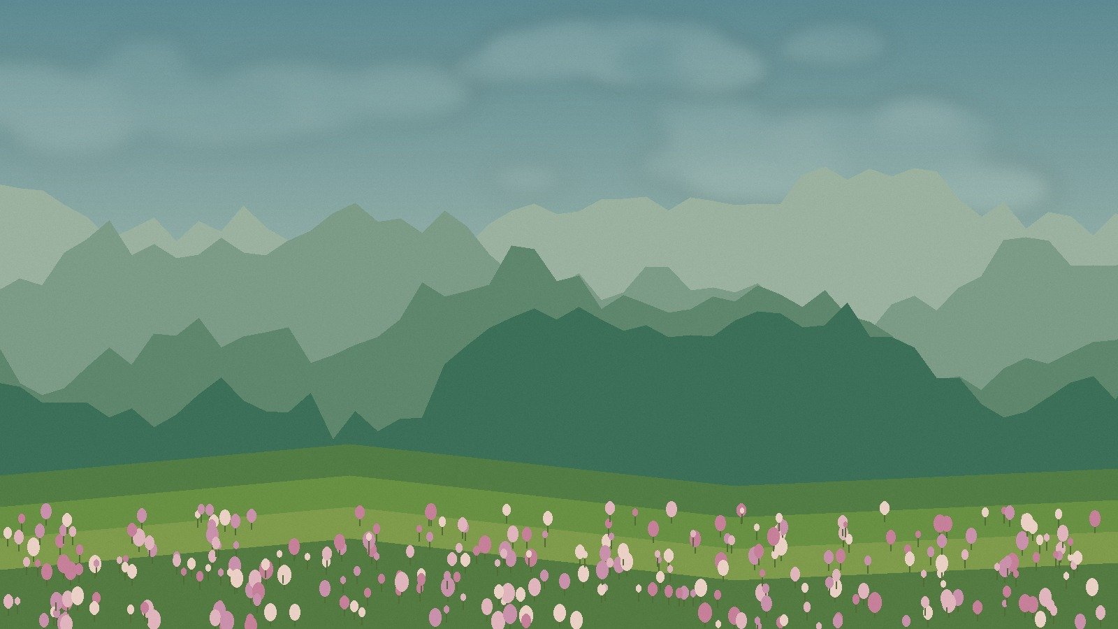 Illustrated green Thai countryside with seasonal flowers