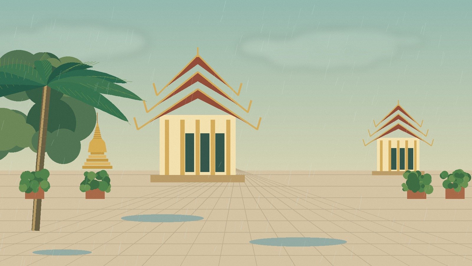 Illustrated Thai temple square after a rain shower
