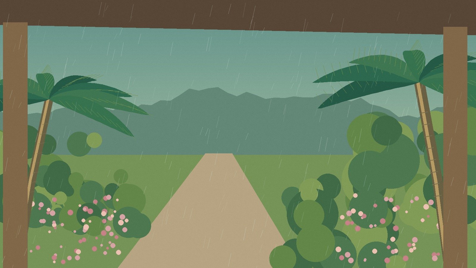 Illustrated tropical garden viewed from a sheltered terrace