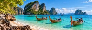 Sunlit Andaman-inspired bay with longtail boats