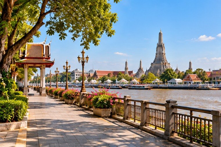 Bangkok-inspired riverside promenade in bright sunshine