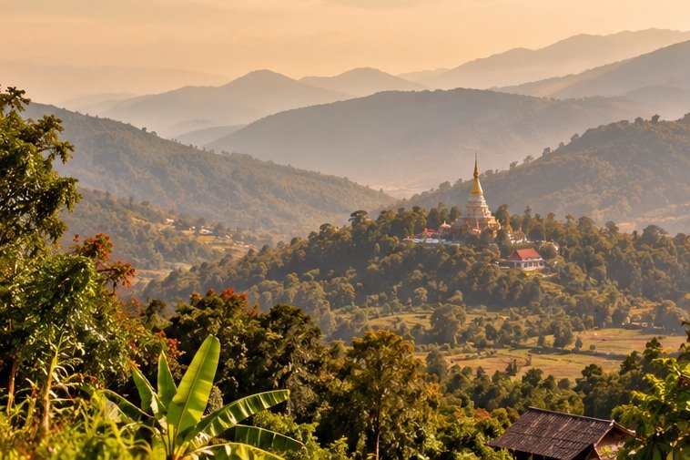 Northern Thailand-inspired valley with haze and a temple