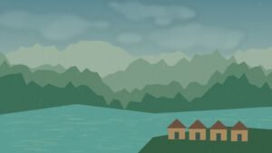 Illustrated southern Thai lake beneath rain-bearing clouds