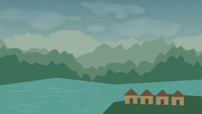 Illustrated southern Thai lake beneath rain-bearing clouds