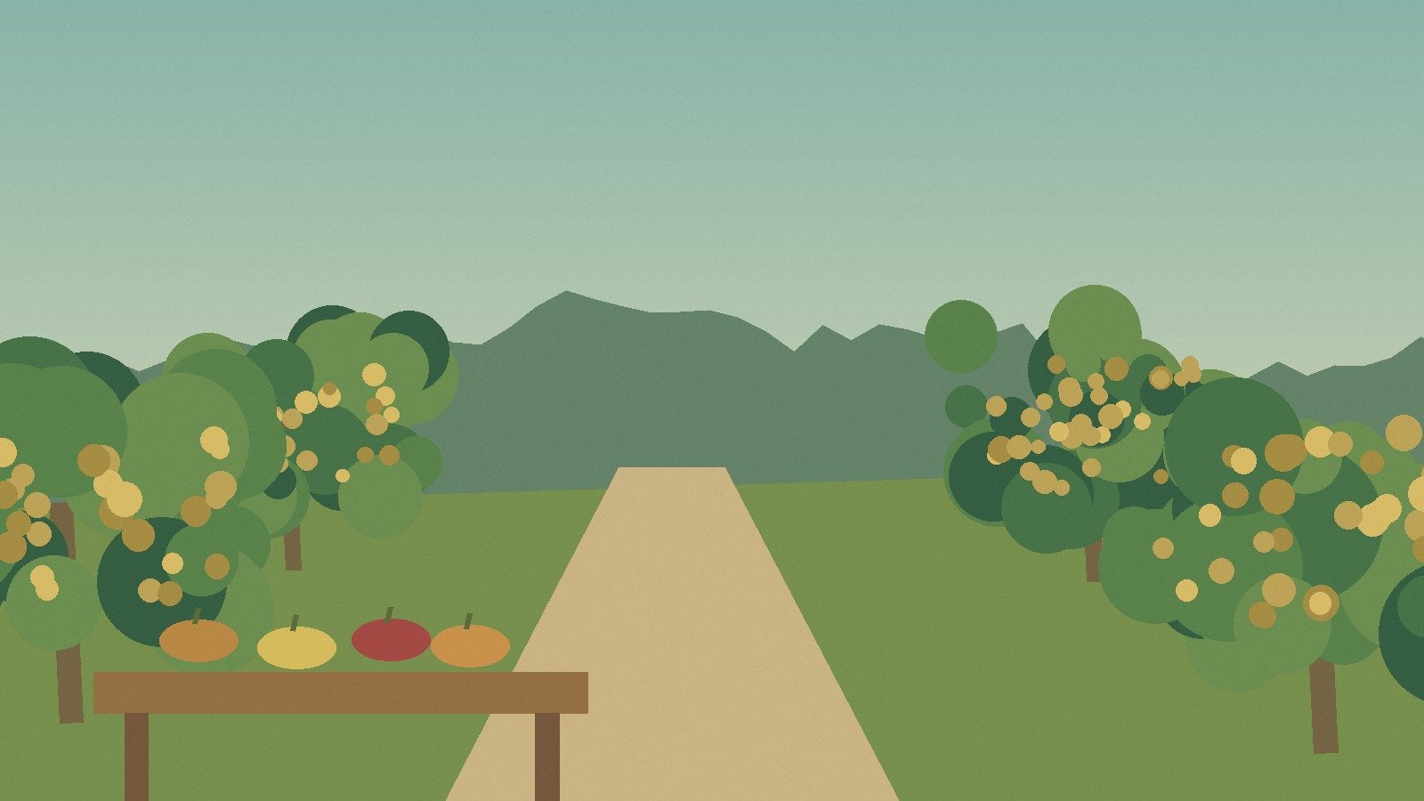 Illustrated Thai fruit orchard with a shaded tasting table