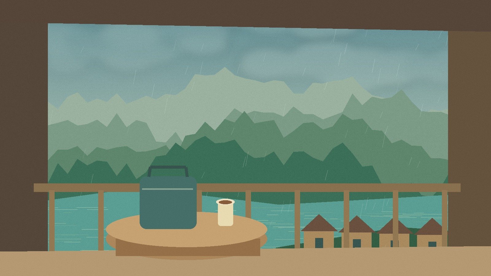Illustrated sheltered lakeside veranda with a travel bag