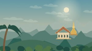 Original northern temple and layered hills in warm November-inspired light