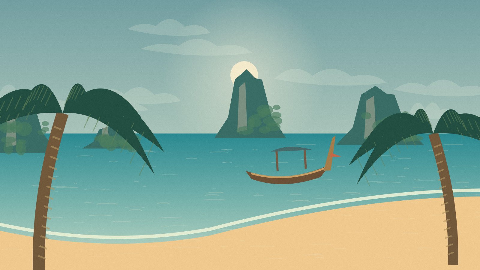 Original Andaman coast with an island silhouette and traditional boat