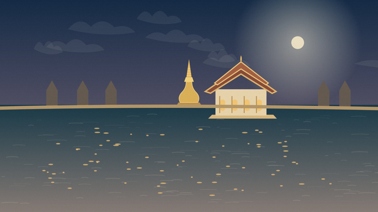 Original candlelit Thai heritage scene reflected on water