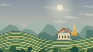 Original northern valley scene with changing skies and a distant temple