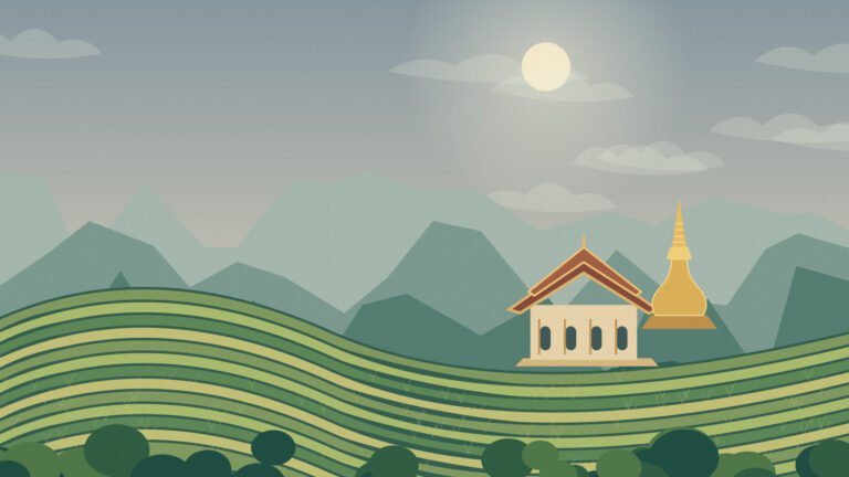 Original northern valley scene with changing skies and a distant temple
