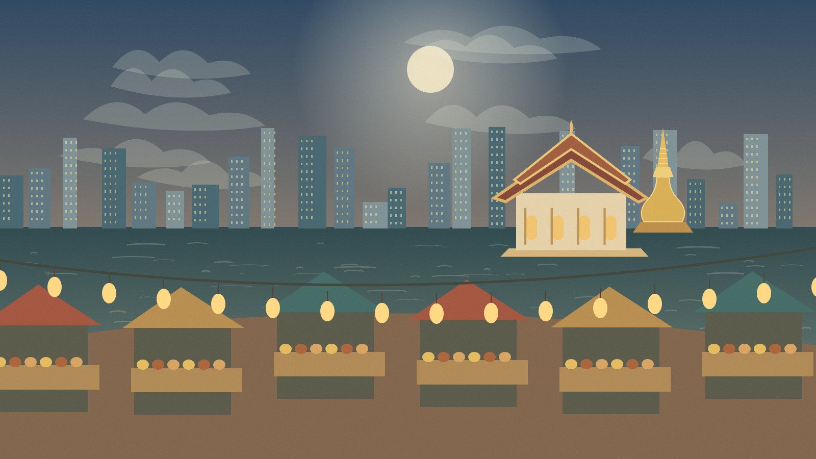 Original illuminated Thai market scene beneath warm evening lamps