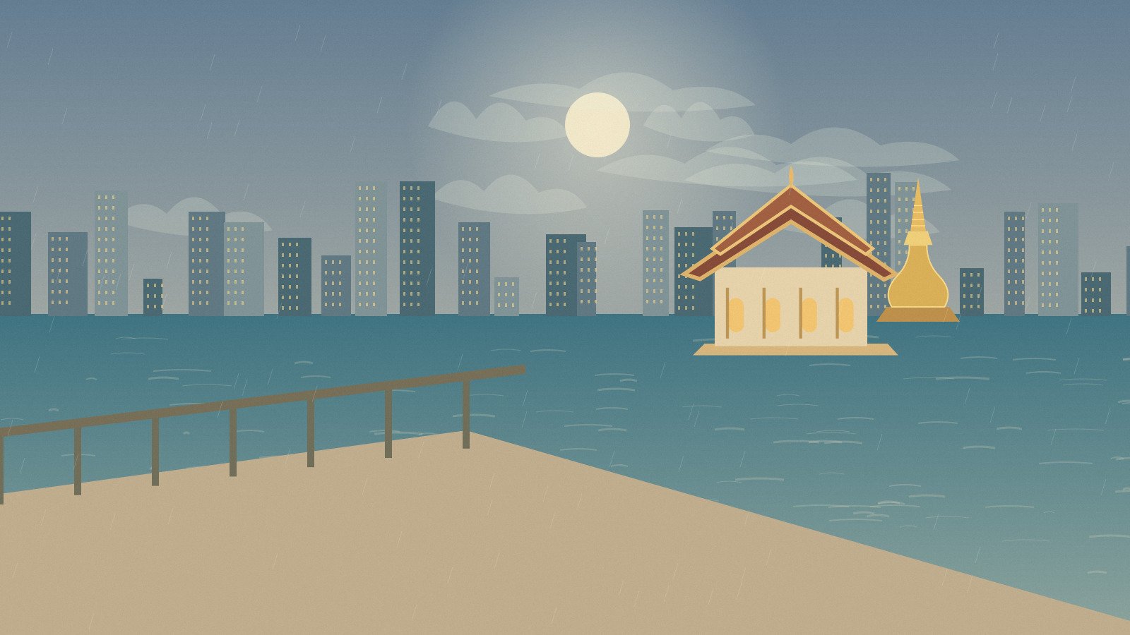 Original rainy city riverfront with a temple and distant skyline