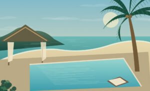 Original Thai coastal scene illustration of a quiet pool terrace overlooking the Andaman Sea
