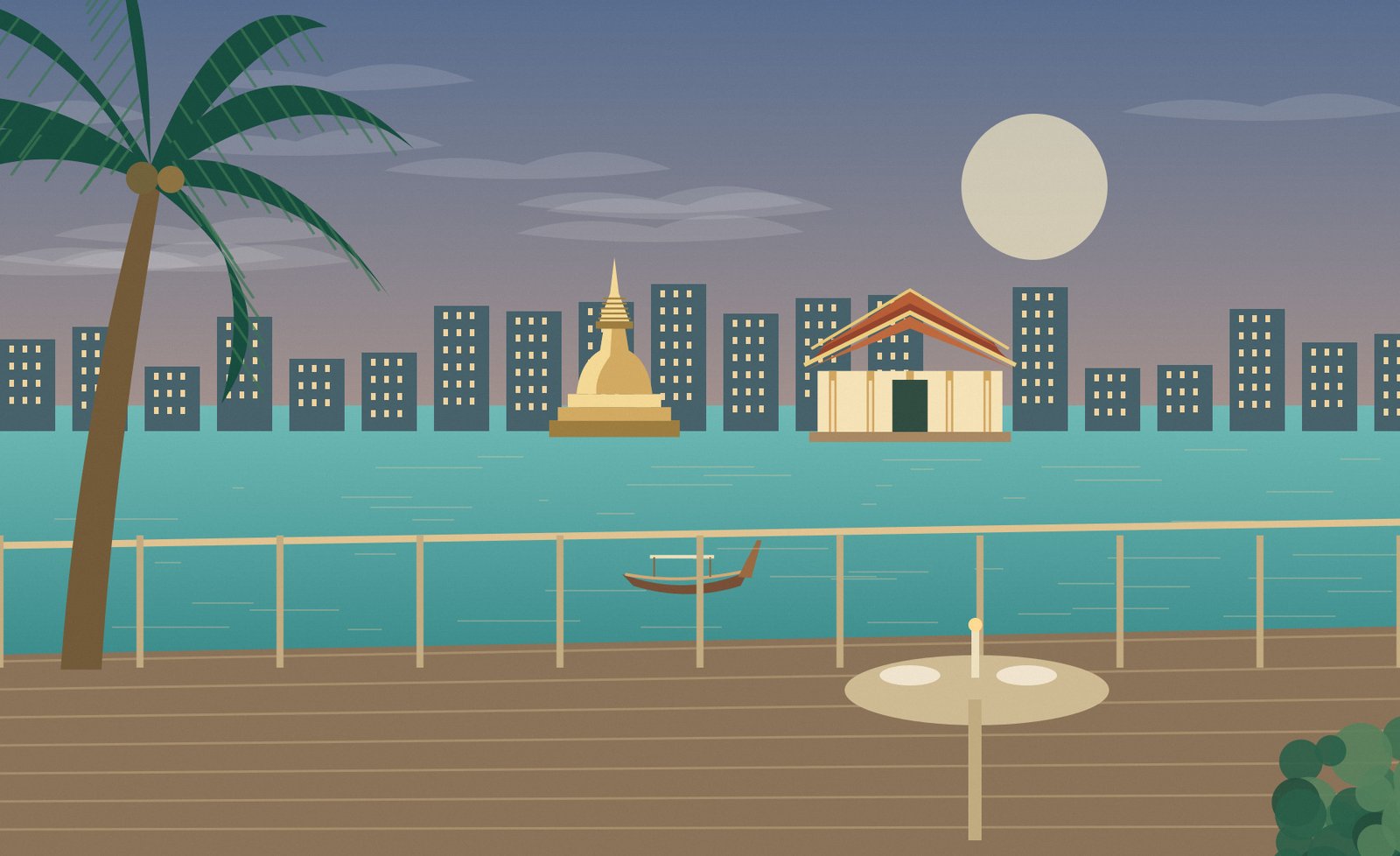 Original Bangkok-inspired riverside terrace illustration with a warm evening skyline