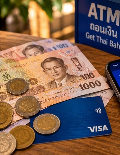 Illustrated travel cash and a payment card beside an ATM sign