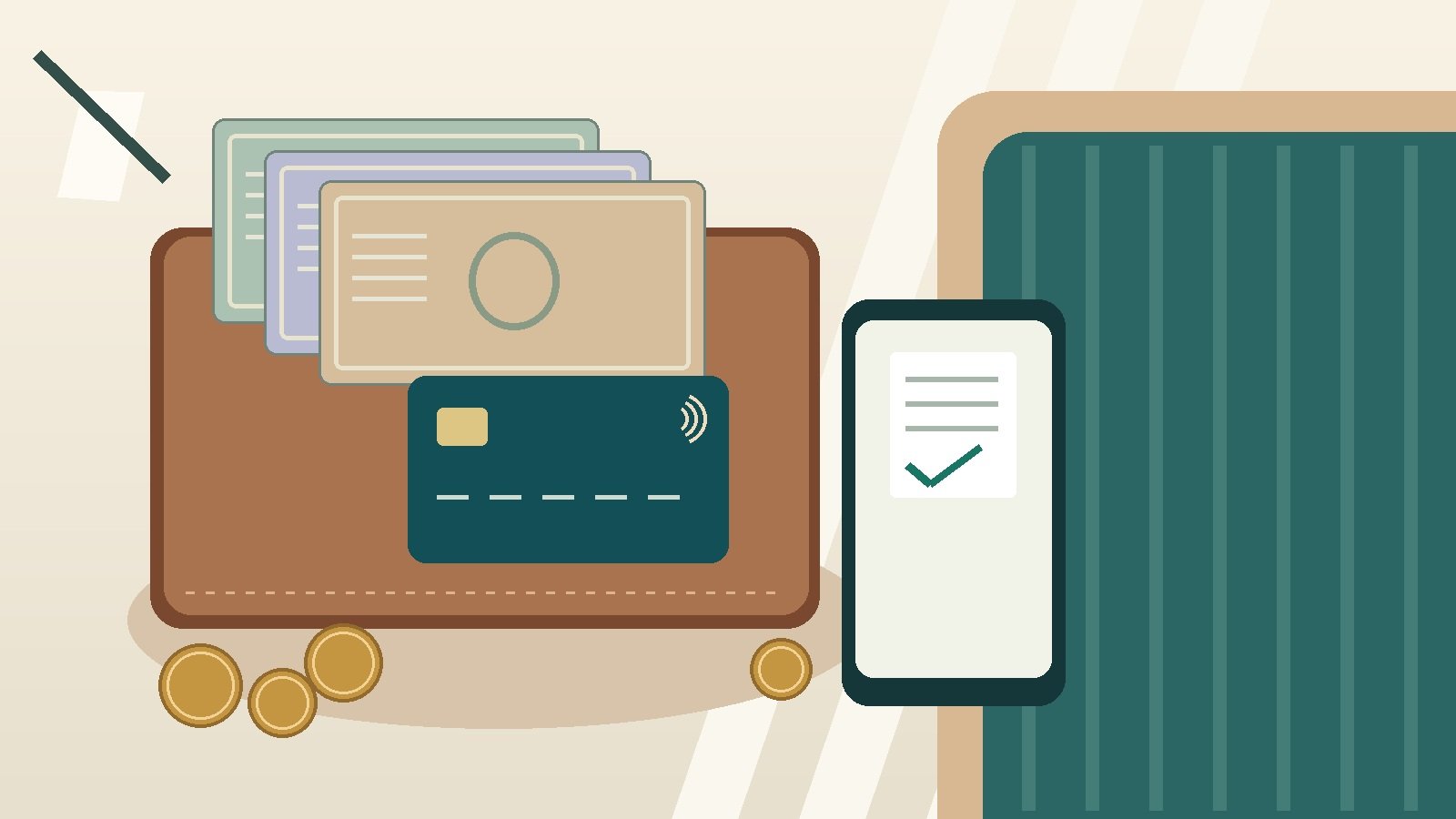 Original still-life illustration of a wallet, abstract notes, coins and a checked receipt on a phone