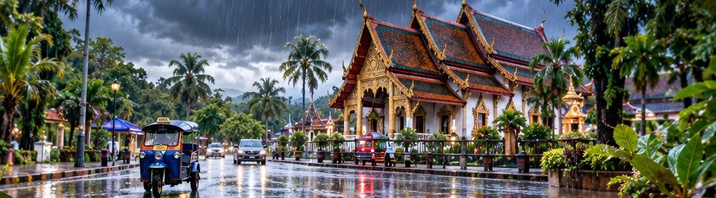 Rain falling on a Thai-inspired street with a temple and local transport