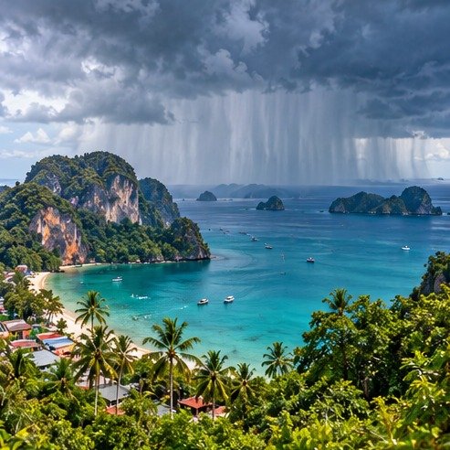 Tropical storm clouds above a conceptual Thai island coastline