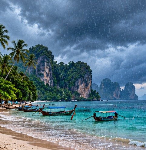 Rain over longtail boats and limestone scenery in an illustrative coastal scene
